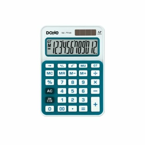 calculadora de sobremesa mediana 12 digitos a pilas y solar de la firma dohe color azol y blanca tamaño 11,9 x 8,4 x 1,8 cm